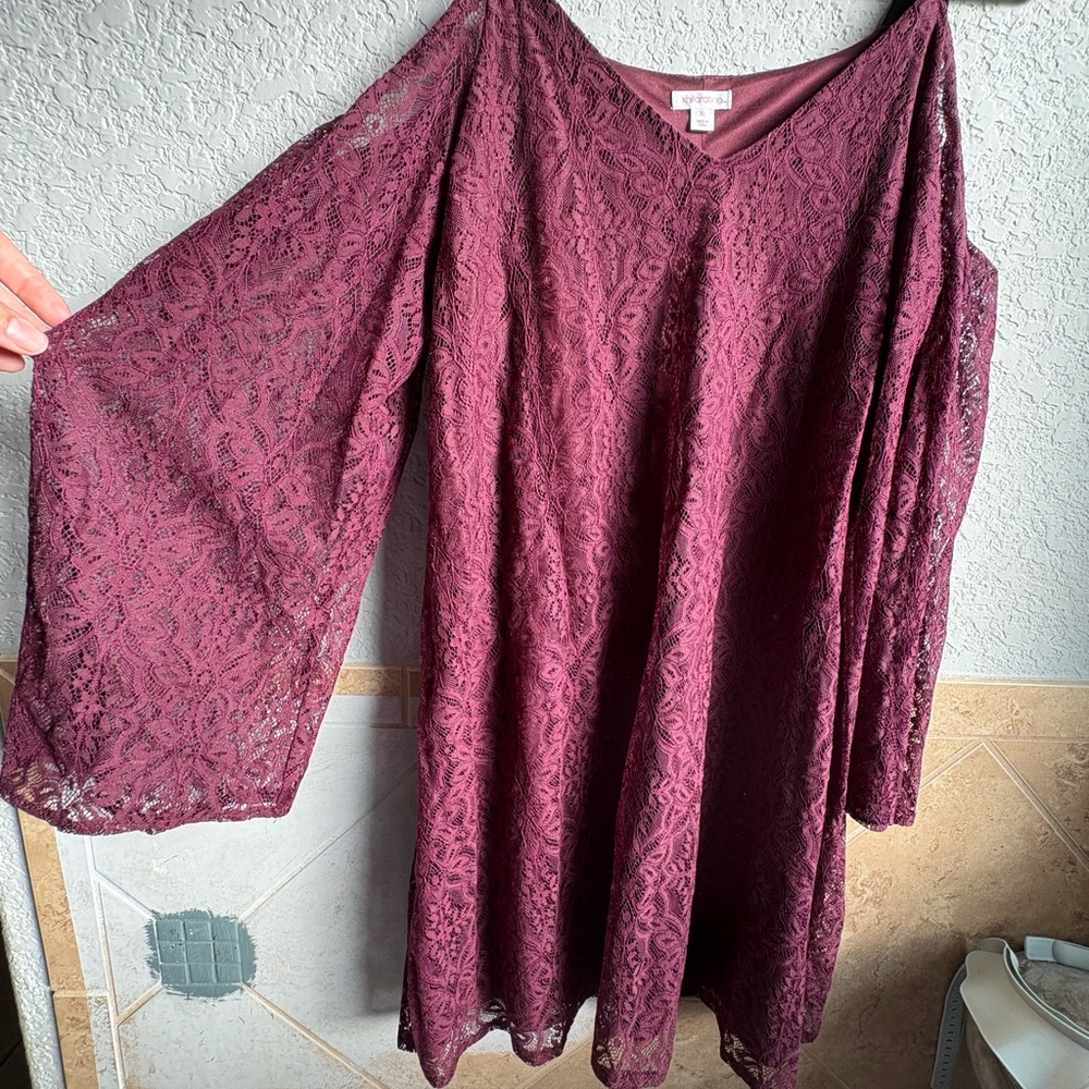 Burgundy Lace Dress with Bell Sleeves
